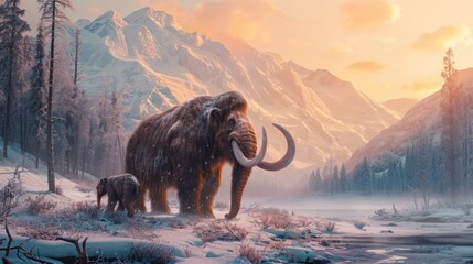 Naklejka premium Mammoth walking in snow field with its cub in freezing winter at sunrise.