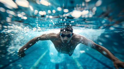 A person swims underwater in a pool, sunlight dappling through the water
