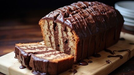 Chocolate pound cake. Loaf of cake sliced into pieces and served with chocolate ganache cream....