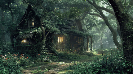 Fantasy hut in greenery hiding in the forest