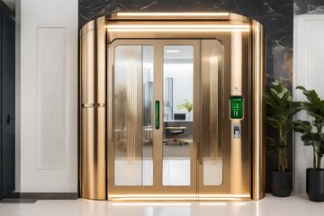 A modern apartment entry door with an integrated parcel delivery system 