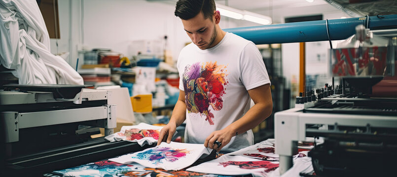 Young man printing on t-shirt at workshop