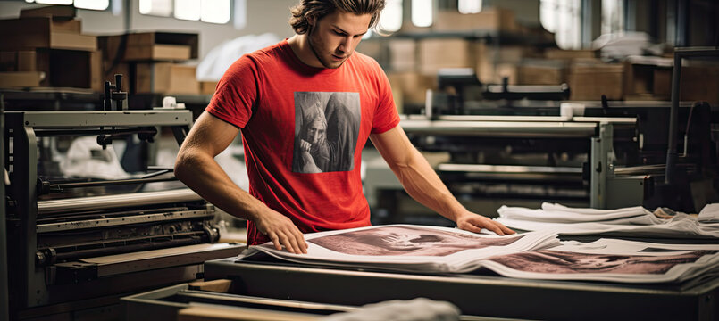 Young man printing on t-shirt at workshop