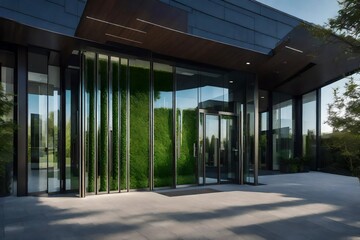 A contemporary office building entrance door with integrated sustainability features, showcasing a green workspace