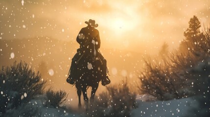 Cowboy on horseback in wild rugged field in winter with snow.