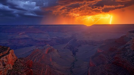 Lightning strike and heavy cloud at Grand Canyon. - obrazy, fototapety, plakaty
