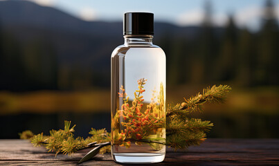 Abstract transparent bottle on a blurred background.