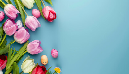  Easter invitation, with tulips and colored eggs on blue background with copy space. 