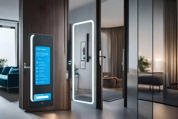 A modern apartment door with a built-in smart mirror, which displays tailored information and daily reminders 