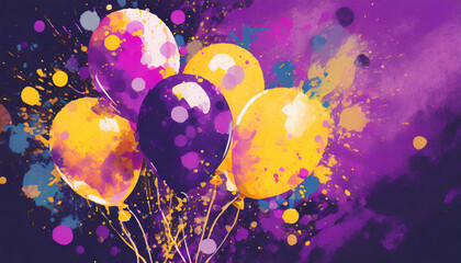 Pop art style picture of party balloons on abstract dark purple background with paint splatter...