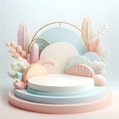Fototapeta premium Set of white realistic 3d cylindrical pedestal podiums with pastel colors in a semicircle background. Abstract geometric platform. Product display presentation. Minimal scenes.