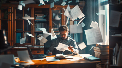 Stressed Office Worker Overwhelmed by Tasks - obrazy, fototapety, plakaty