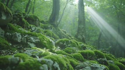 Beautiful bright green moss covering rocks in the forest. - obrazy, fototapety, plakaty