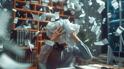 Obraz premium Stressed Office Worker Overwhelmed by Tasks