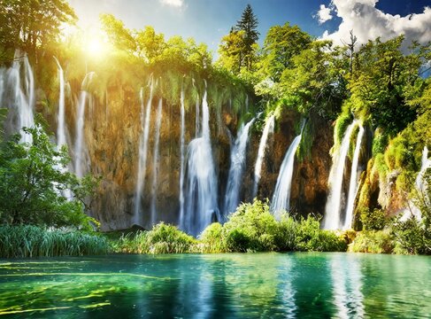 Exotic waterfall and lake landscape of Plitvice Lakes National Park, UNESCO natural world.