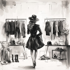 Portrait of fashionable stylish model in black and white colors in the location of the showroom, style of drawing watercolor.	
