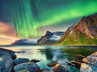 Aurora borealis on the Lofoten islands, Norway. Night sky with polar lights. Night winter.