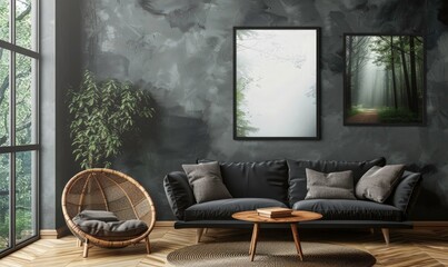 Round Tea table against black sofa with pillows. Home interior design with forest view and forest poster view. Interior with papasan chair and sofa, farmhouse. 