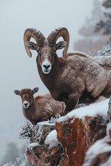 Bighorn ram sheep goat with cub on cliff in Grand Canyon in winter with snow