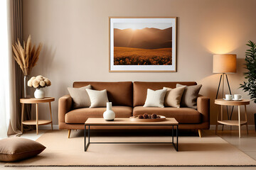 Warm and cozy interior of living room space with brown sofa, beige carpet, lamp, mock up poster frame, decoration, dried flower and coffee table. Cozy home decor. Template.