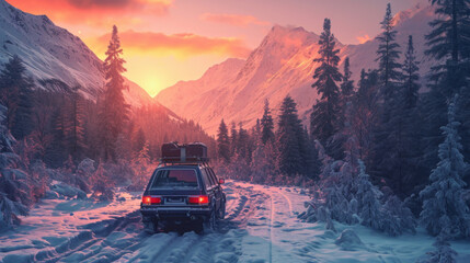 SUV sports outdoor car with luggage on roof in snow field road in rugged land. - obrazy, fototapety, plakaty