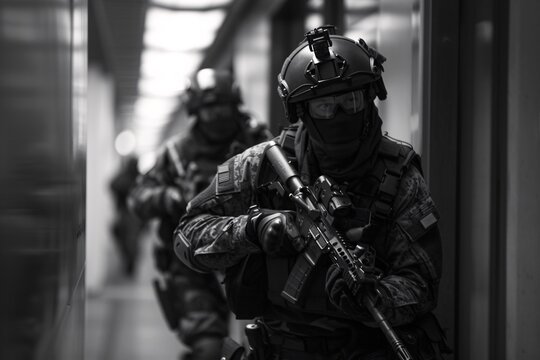 A SWAT team executes a precise, tactical entry into a building, geared up and coordinated, showcasing their expertise in handling high-stakes situations with professionalism.



