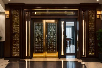 A modern hotel entrance door with an AI-powered virtual concierge that makes personalized recommendations. - obrazy, fototapety, plakaty