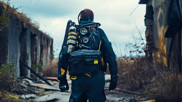 Scuba diver with a diving mask on the background of an abandoned building