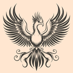 Black and White Phoenix Outline Silhouette Ornament Vector Art for Logo and Icon, Sketch, Tattoo, Clip Art