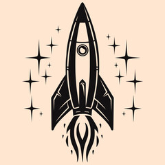 Black and White Spaceship (rocket) Outline Silhouette Ornament Vector Art for Logo and Icon, Sketch, Tattoo, Clip Art	