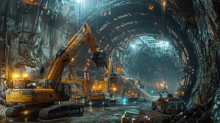 Cybernetic Excavators Ushers in Infrastructure Revolution during Tunnel Construction for Rapid-Transit Rail System - obrazy, fototapety, plakaty