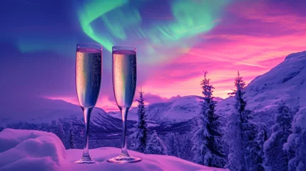 Fototapete champagne wine glasses in snow field with beautiful aurora northern lights in night sky in winter. © Joyce