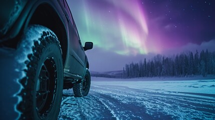 Closeup view of the tire of a car in wild snow field with beautiful aurora northern lights in night sky with snow forest in winter.