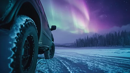 Papier Peint photo Lavable Aurores boréales Closeup view of the tire of a car in wild snow field with beautiful aurora northern lights in night sky with snow forest in winter.