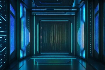 A futuristic sliding door with holographic patterns that opens to reveal a sci-fi interior. - obrazy, fototapety, plakaty