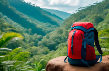 Red backpack stands against the backdrop of forest mountains - 757965968