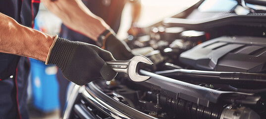 A mechanic repairs a car engine with a wrench in a car repair shop. Concept car repair, Mechanical work, Car servicing