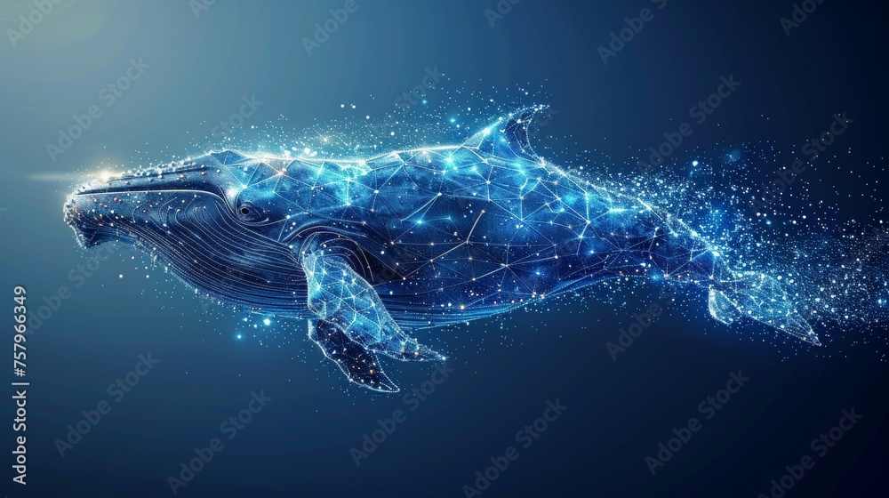 Wall mural Blue whale made of polygons. Digital concept of marine animals. Low poly illustration of starry sky. Whale made of lines, dots, shapes and wireframe.