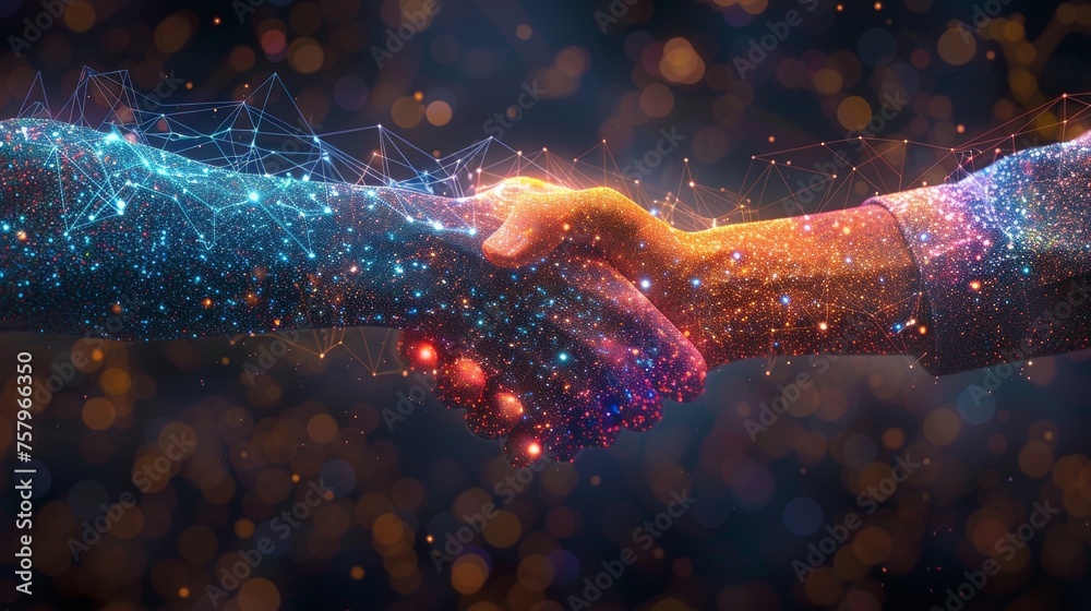 Poster Icon of a mash-up of lines and points representing a business handshake on a white background with an inscription. A starry sky or space containing stars and the universe. Modern business