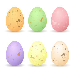 Colorful Easter eggs. Orange, green, pink, purple, violet, yellow quail eggs with shadows. Spring holidays decoration. Realistic vector illustration for Easter holiday. 