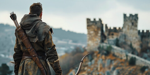 archer stands on the wall of an ancient castle