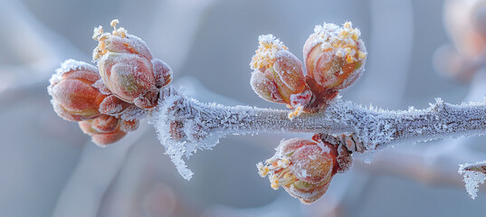 a newly blossomed bud on a tree covered with frost. spring frosts, threat of crop loss - obrazy, fototapety, plakaty