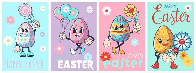 Cartoon happy Easter Groovy egg poster set. Holiday personage isolated on white background - 757966920