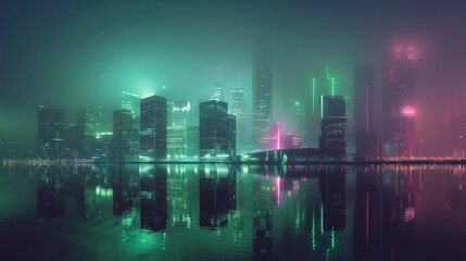 Fototapeta na wymiar a city skyline with green and pink lights reflecting on water