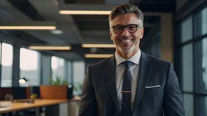 Smiling confident mature businessman looking at camera standing in office. Elegant stylish corporate leader successful ceo executive manager - obrazy, fototapety, plakaty