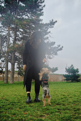 Asian woman with a decorative dog in Spring Park show tricks -walking on hind legs. Female pet owner walks with a Yorkshire terrier, a foggy morning and a soft blurred background in retro style.