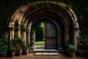 A medieval-style arched entrance that leads to an enchanted garden full of mystical creatures