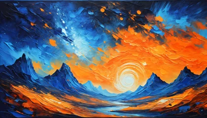Foto op Canvas Abstract Swirling Sunset in Mountainous Landscape Oil Painting © liamalexcolman