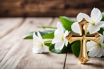 Naklejka premium Gold cross with white flowers