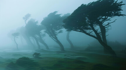 Strong wind and hurricane, trees bend under the force of the wind. - obrazy, fototapety, plakaty
